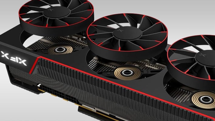 Closeup render off XFX's Mercury Radeon RX 7900 XTX graphics card on a gray gradient background.