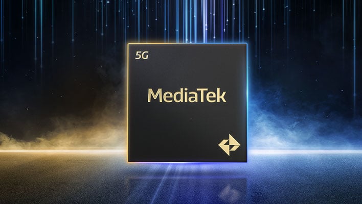 MediaTek chip in front of a spacy background.