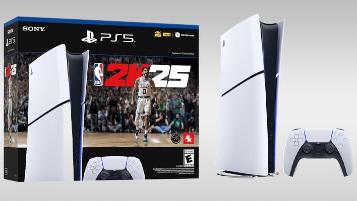 PlayStation 5 Slim NBA 2K25 bundle on a gray background.