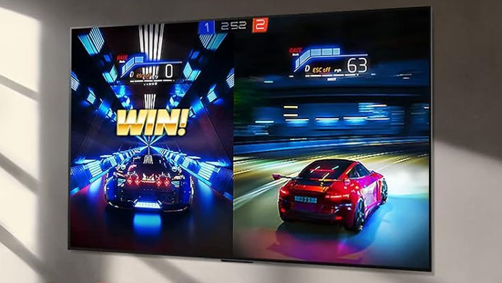 LG C3 OLED TV on a wall with a video game on the display.