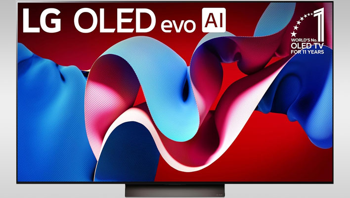 LG's C4 OLED TV on a gray gradient background.