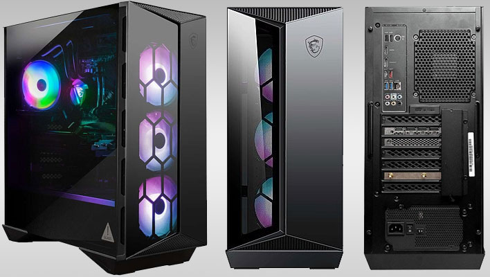 Side, front, and back shots of MSI's Aegis gaming desktop on a gray gradient background.