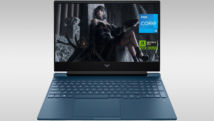 HP Victus gaming laptop on a gray gradient background.