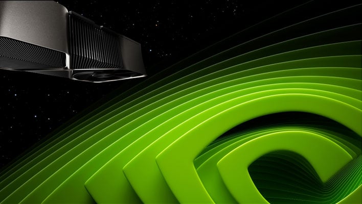 Graphics card floating in space above a giant NVIDIA logo.