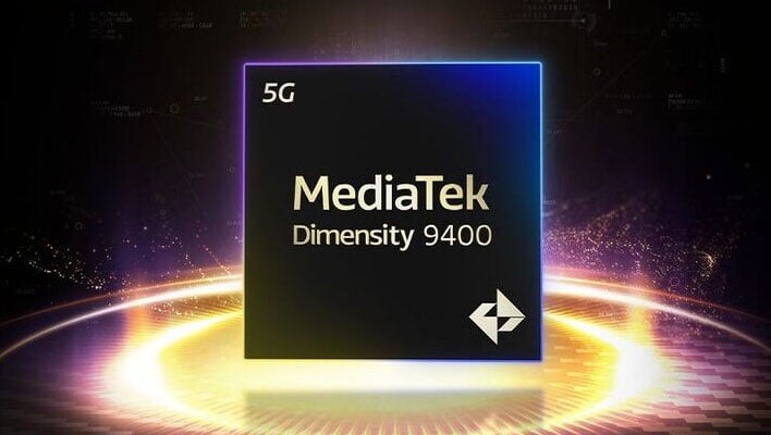 MediaTek Dimensity 9400 SoC on a glowing wafer.