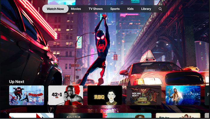 Apple TV on a display with Spider-Man and other shows.