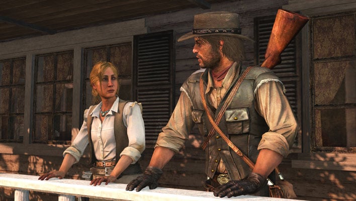 John Marston looking at a woman in Red Dead Redemption.