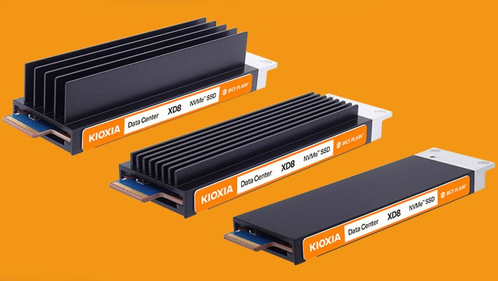 Kioxia XD8 series SSDs on an orange background.