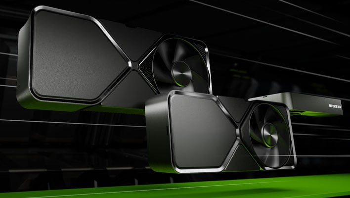 GeForce RTX graphics card in front of a green and black background.