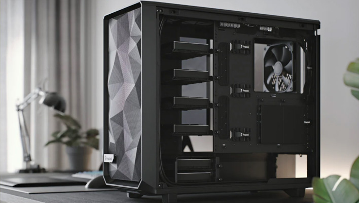 Side view of Fractal Design's Meshify 2 case on a desk.