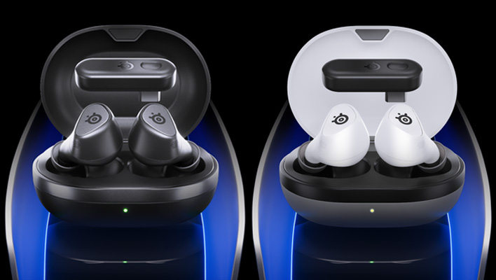 White and black pairs of the SteelSeries Arctis GameBuds earbuds in their charging cases.