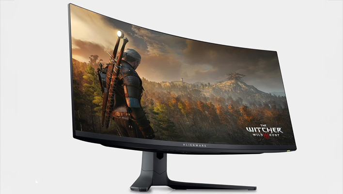 Alienware AW3423DWF curved OLED monitor on a light gray background.