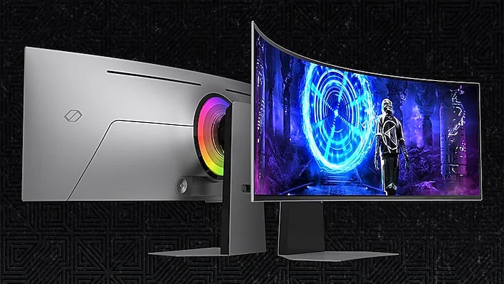 Front and back renders of Samsung Odyssey OLED G9 gaming monitor.