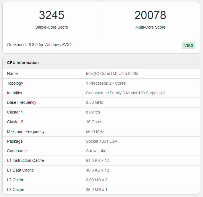 Geekbench screenshot for a Core Ultra 9 285.