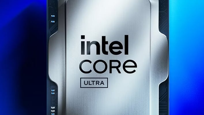 Closeup render of an Intel Core Ultra Arrow Lake CPU on a blue background.