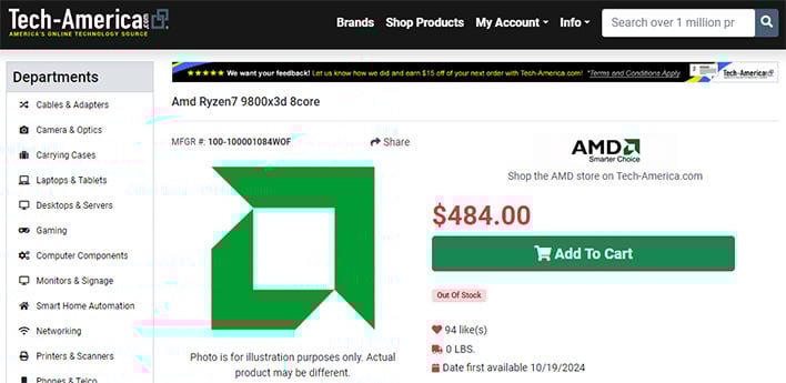 AMD Ryzen 7 9800X3D retail listing (screenshot).