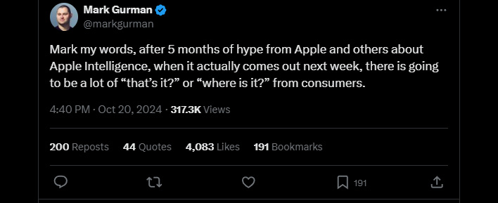 Mark Gurman's X/Twitter post on Apple Intelligence.