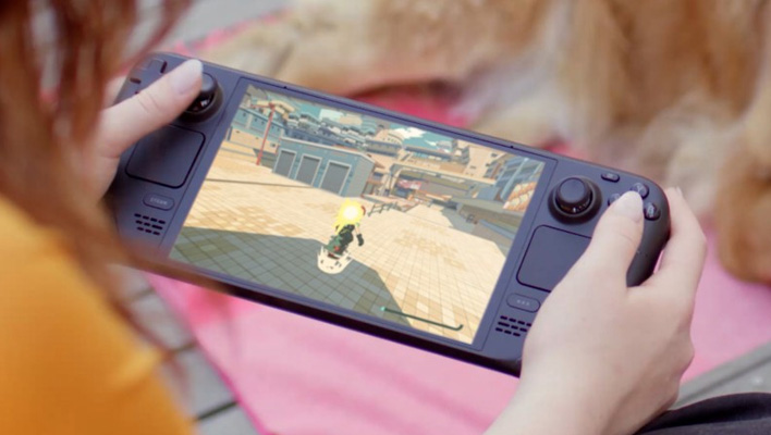 Playing a game on the Steam Deck OLED.