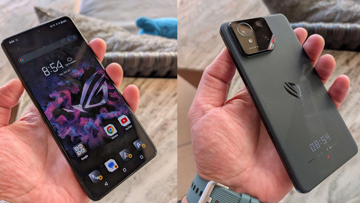 Front and back views of the ASUS ROG Phone 9 in a hand.