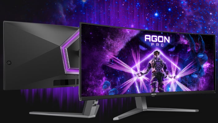 Front and partial back views of AOC's Agon Pro AG346UCD QD-OLED gaming monitor with a space/starry background.