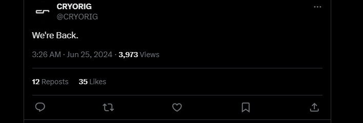 Cryorig social media post saying, "We're back."
