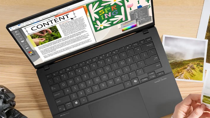Regardez l’ordinateur portable ASUS Vivobook 14 S OLED posé sur une table.