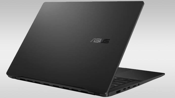 Rendu en angle arrière de l'ordinateur portable ASUS Vivobook 14 S OLED sur fond dégradé gris.