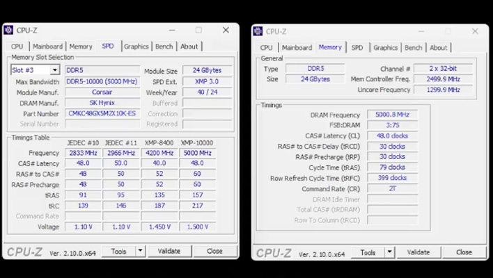 CPU-Z screenshots showing Corsair's Vengeance DDR5 memory at DDR5-10000.