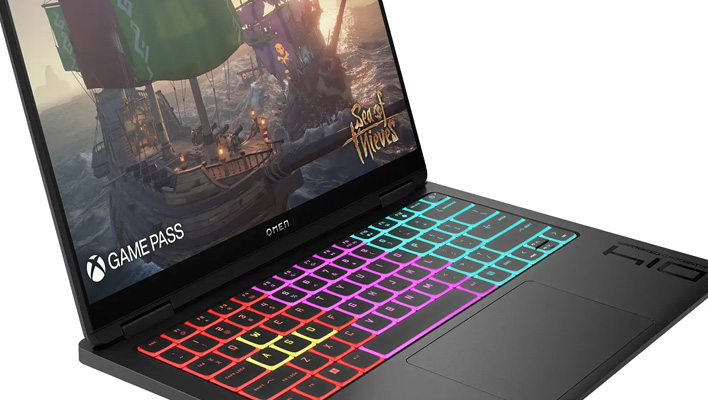 Angled closeup render of an HP Omen Transcend 14 gaming laptop.