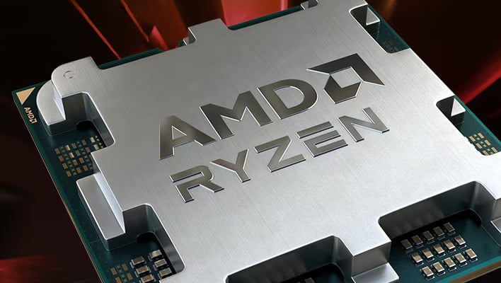 Closeup angled render of an AMD Ryzen 9000 series CPU.