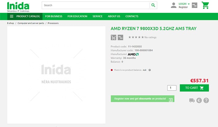 Ryzen 7 9800X3D retail listing at Inida (screenshot).