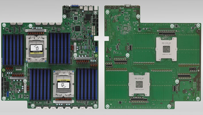 Front and back views of ASRock's TURIN2D48G-2L+ motherboard on a gray gradient background.