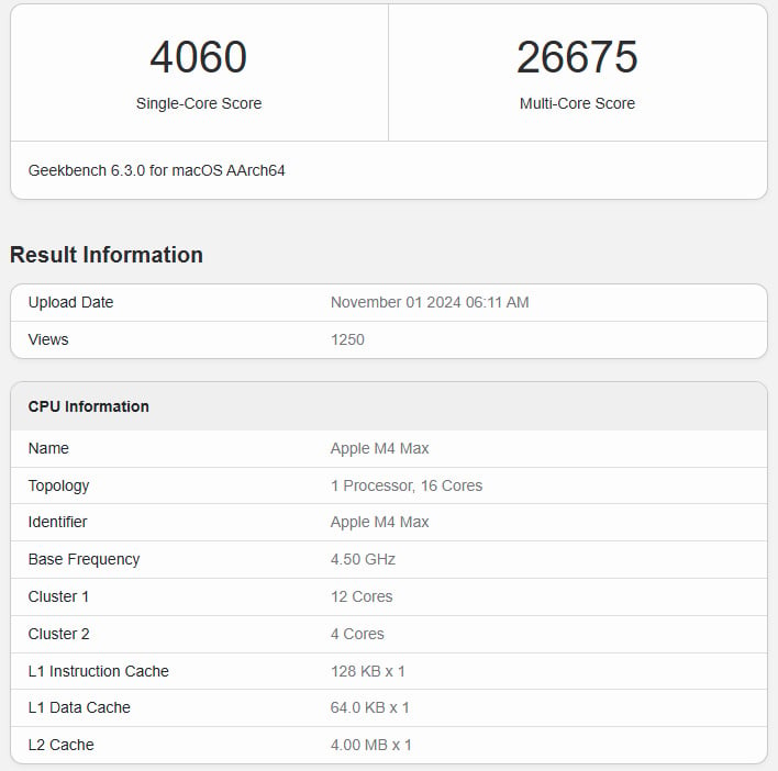 Apple M4 Max listing on Geekbench.