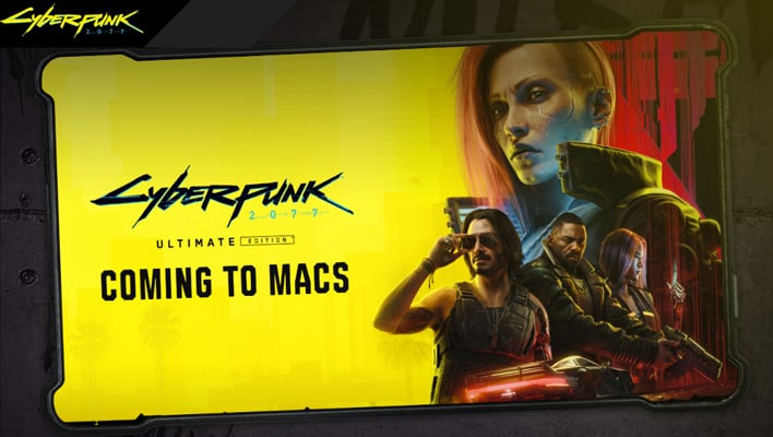 Banner showing Cyberpunk 2077 is coming to Macs.