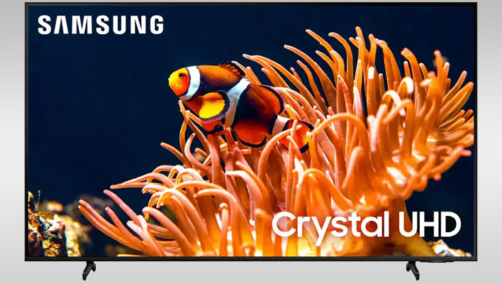 Samsung DU8000 TV on a gray gradient background.