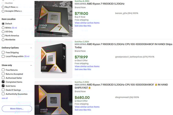 Sold Ryzen 7 9800X3D listings on eBay.