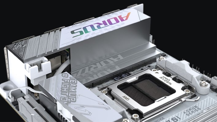 Closeup of the AM5 socket on Gigabyte's X870I Aorus Pro Ice motherboard.