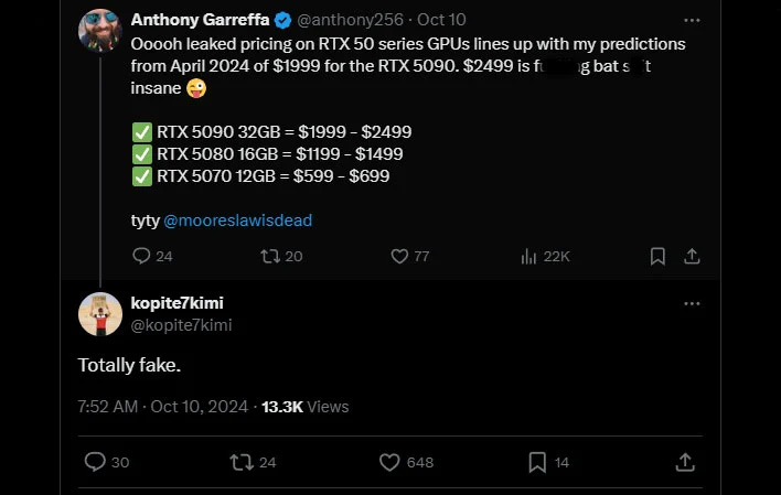 Post on X/Twitter about the GeForce RTX 50 series pricing.