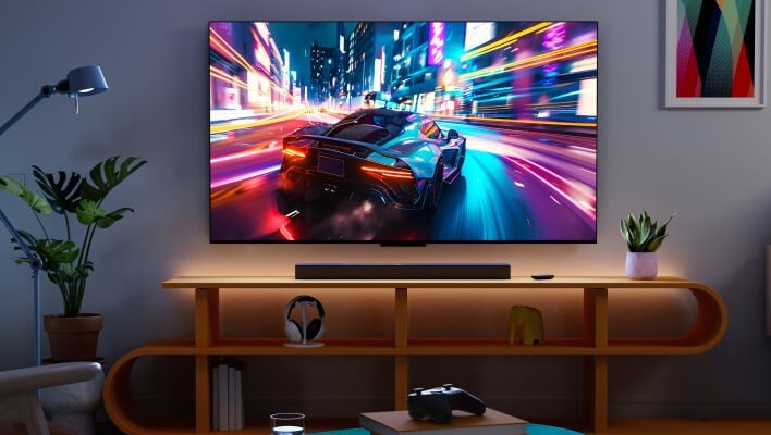 Amazon Fire TV (Omni Mini LED Series) on a wall with a game on the display.