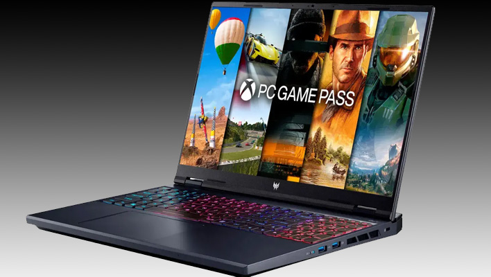 Angled render of the Acer Predator Helios Neo gaming laptop on a black and gray gradient background.