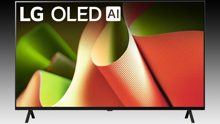 Téléviseur LG B4 OLED sur fond dégradé noir et gris.