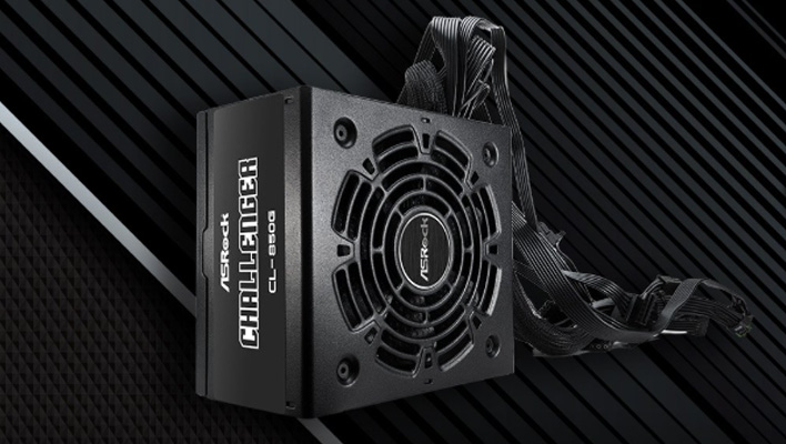 Bottom view of ASRock's Challenger PSU with flat ribbon cables.