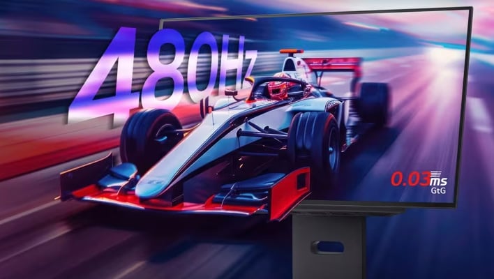 Race car coming out of an LG UltraGear GX7 OLED gaming monitor.