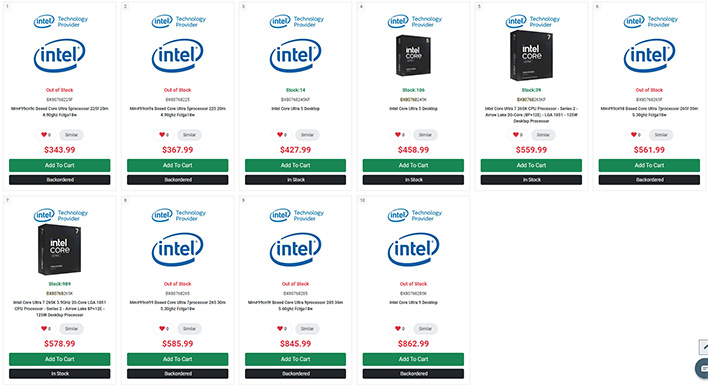 Screenshot of Intel Arrow Lake listings at PC-Canada.