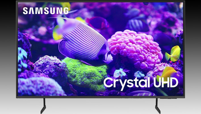 Samsung TV on a black and gray gradient background.