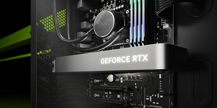 Render of a closeup shot of a PC with a GeForce RTX graphics called installed.