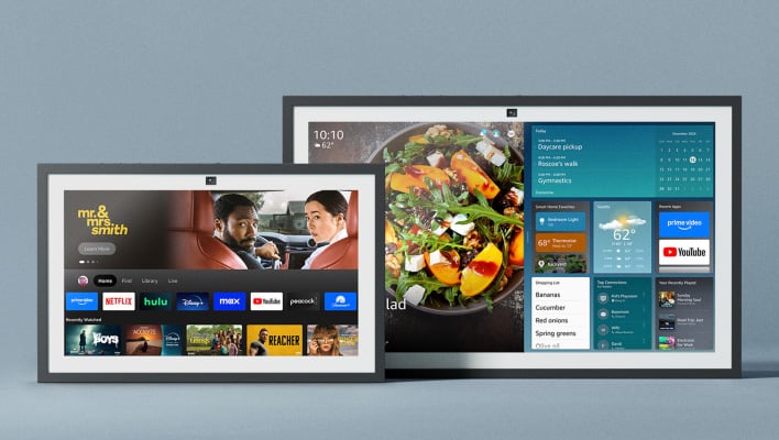 Amazon Echo Show 21 and Echo Show 15 on a grayish-aqua background.