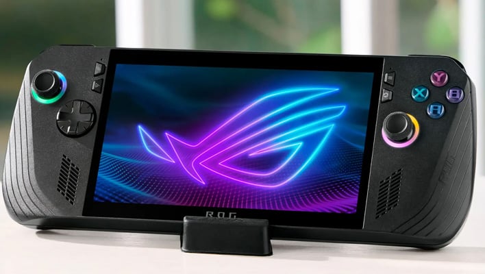 Angled view of an ASUS ROG Ally X with the ROG logo on the display.