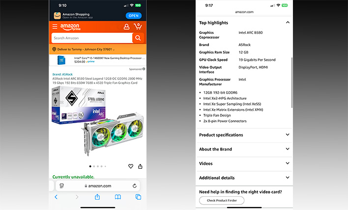 ASRock Arc B580 Steel Legend listing on Amazon.