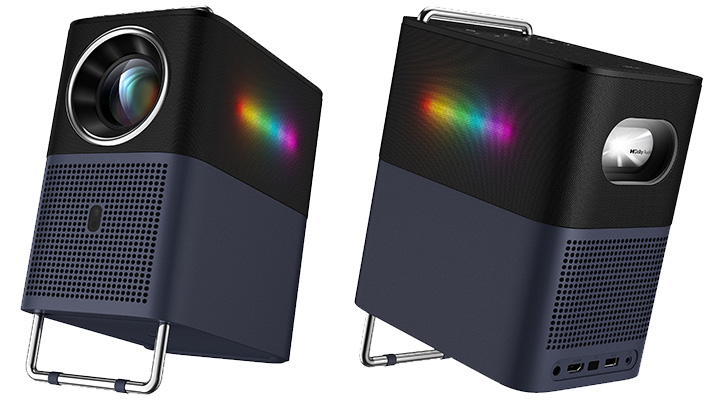 Angled front and back views of TCL's Projector A1.